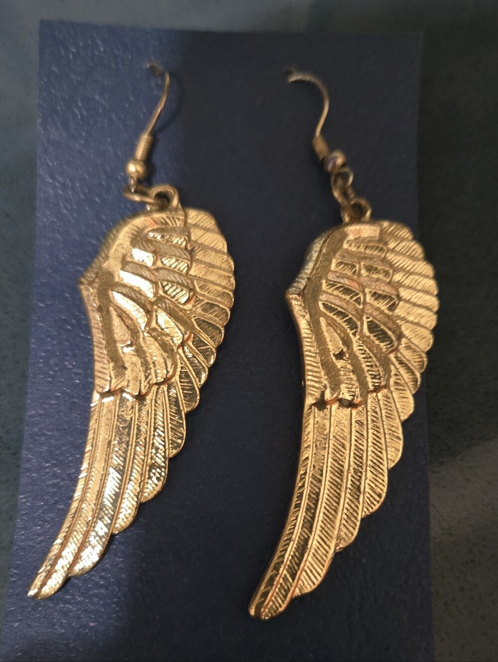Gold Angel Wings. 2" Long Earrings.